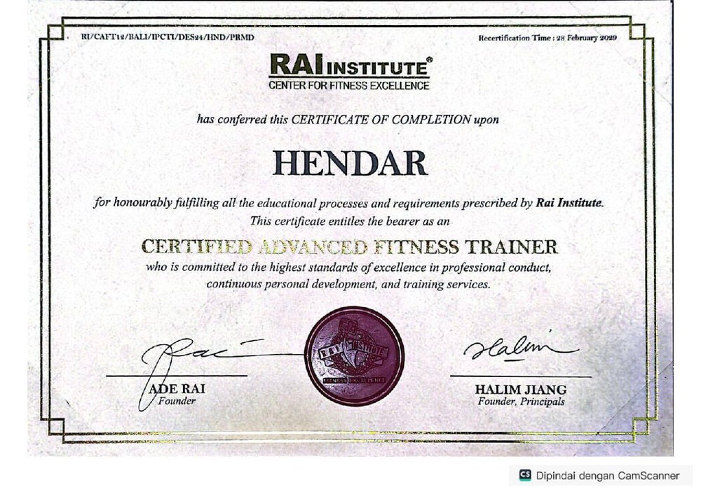 Sertifikat Advanced Fitness Trainer — Hendar